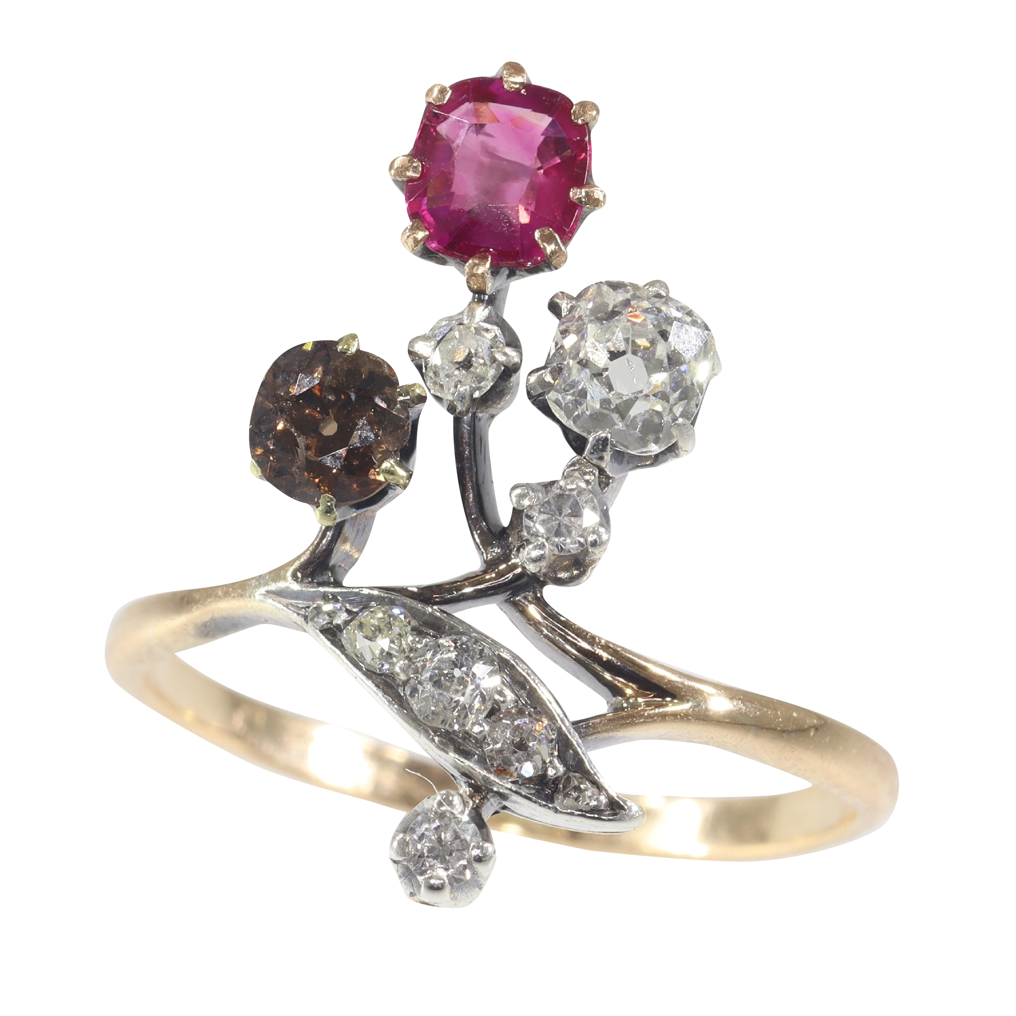 Vintage antique gold ring with fancy colour diamond, natural ruby and old mine cut diamonds